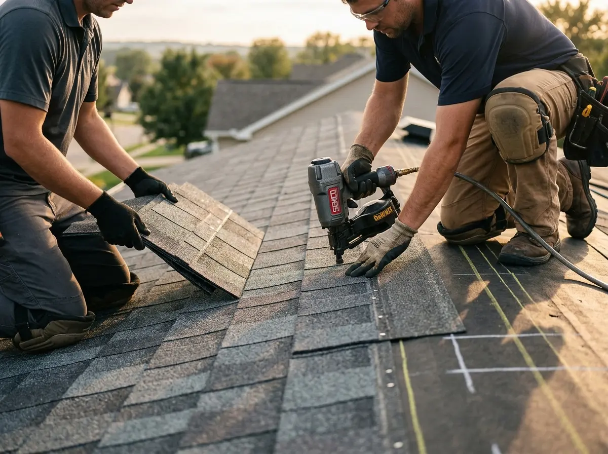 Professional roofer working on a residential roof in Chaska